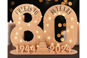 Giftota Original 80th Birthday Gift for Women Men, Money Gifts for 80th Birthday with LED Fairy Lights, 2024 Wooden Sign Guest Book, 80th Birthday Decoration, Personalised Gifts for Women Men