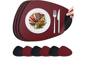 NOSTHEART Tischsets Abwaschbar 6er Set, Platzsets Abwischbar Tischsets Leder Rund Hitzebeständig rutschfest Platzdeckchen mit Untersetzer, Doppelseitigen - Schwarz Dunkelrot