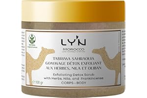 LY'N MOROCCO Gommage Corporel Eclat & Anti-Rugosités (Tabrima),100%Naturel & Bio aux NILA, Oliban & Plantes-Pour Kératose, Cellulite,Détox Aisselles,Avant Bronzage & Épilation-Effets instantanés:Ilumine et Adoucit