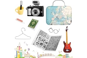 Floepx 10 Stück Miniatur Zubehör Miniatur Deko Puppenhaus Zubehör Vintage Koffer Gitarre Kamera Modell Bücher Zahnbürste Zahnpasta Zahnbecher Brille Zeitung Aufhänger Mini Zubehör Set Geschenk