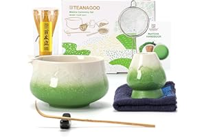 TEANAGOO MATCHA KIT, Matcha Set verde,Matcha Cerimoniale, set da tè matcha per preparare il latte, set con frusta e ciotola con cucchiaio e setaccio, ciotola in ceramica con disegno Fuji