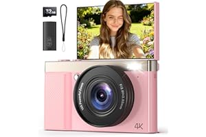 DODOSOUL Macchina Fotografica Digitale 4K 64MP Fotocamera: Zoom Digitale 16x Schermo da 3" Pieghevole a 180° Scheda Fotocamera Macchine - Adatta per le Riprese di Vlog Webcam Rosa - Adatta a Bambini Adolescen