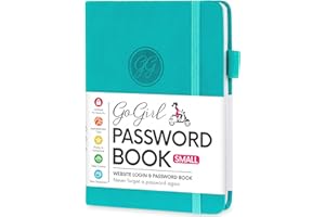 GoGirl Password Book with Alphabetical tabs – Internet Address & Password Keeper Logbook for Password Organization, Journal Notebook for Saving Website Logins. Small Size 11 x 14.5cm - Turquoise