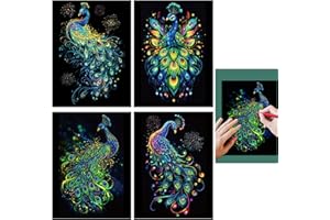 Syiyunran Kratzbilder Kratzbild Scratch Painting - 4 Blatt, 28,5x21 cm Peacock Series art Beschichtetes Farbiges Kratzpapier Glow in the Dark mit 1 Kratzstift Set für Erwachsene Kinder Zeichnen