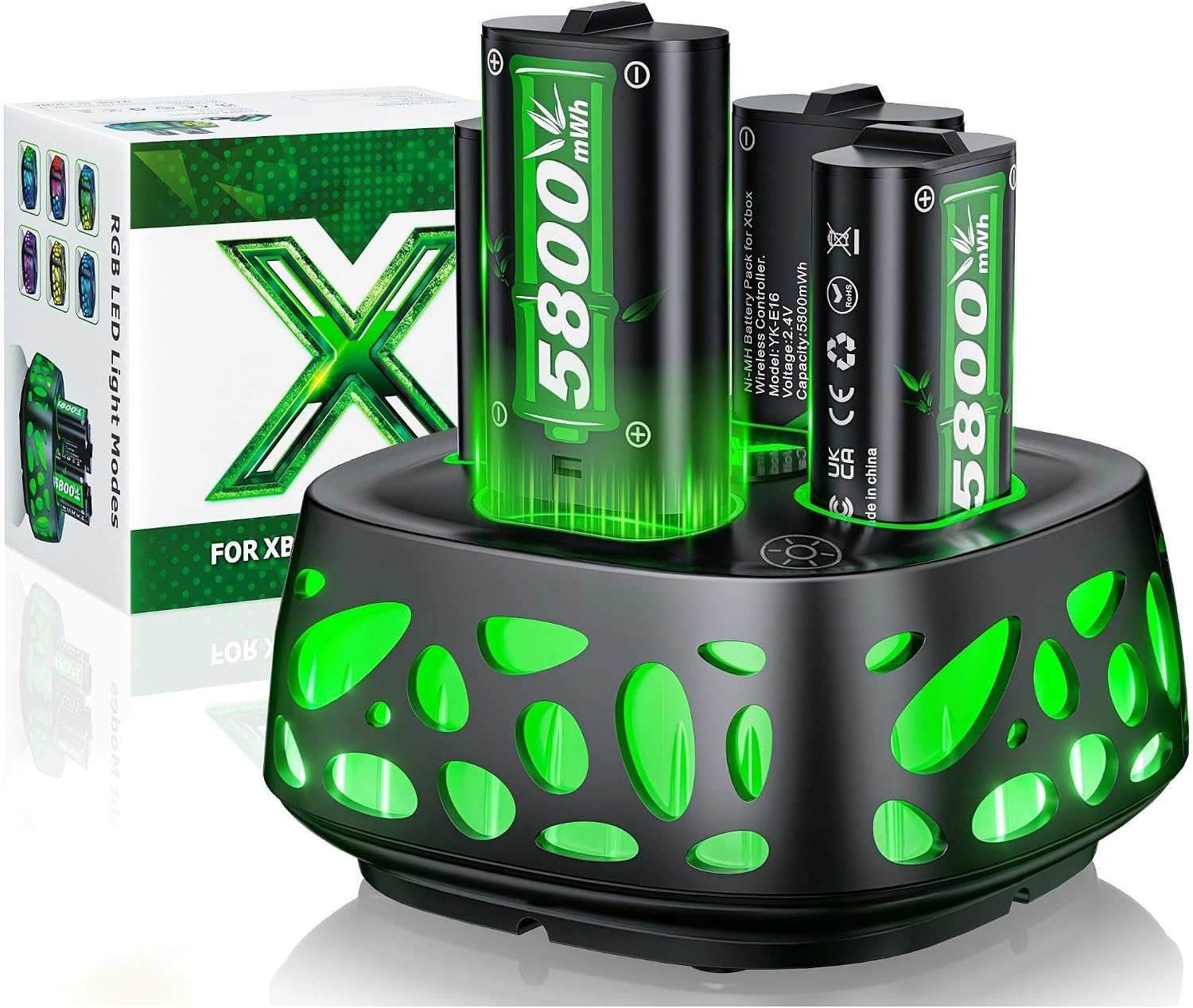 4 x 5800mWh Battery for Xbox One/Xbox Series S/X, 2.5H Fast Charging Station 10 Colors RGB Mode 25H Playing Time Rechargeable Battery for Xbox Series S/X/Xbox One/S/X/Elite Controller