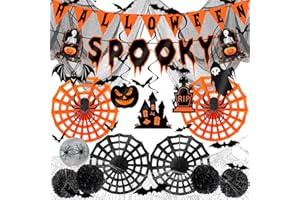 YBwanli halloween deko innen set gruselig,halloween party deko kinder,enthalten:halloween girlande,Spooky banner,schwarzer dekostoff,Halloween-Hängedekoration,Spinnenpapierfächer,Pompons,Spinnenseide