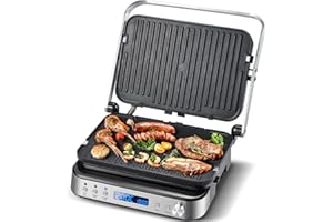 AMZCHEF 4-IN-1 Machine (Electric Grill, Griddle, Panini Presse, Waffle Maker) - 2000W Health Grill with 4 Interchangeable Non-Stick Plates -180° Adjustable Double Plates Heating - Grey