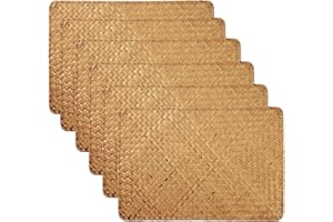 DOKOT Woven Table Mats Seagrass Rectangular Rattan Placemats Natural Set of 6 Non Slip Heat Resistant Insulation for Dining Table
