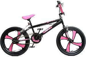 XN 6 BMX 20" 4 Spoke MAG Wheel Freestyle Bike Gyro Stunt Pegs Kids Boys Girls (Black/Pink)