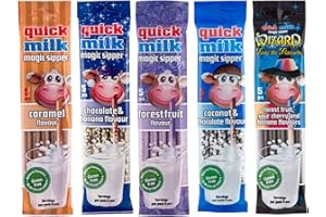 QUICK MILK Magic Sipper Set - Caramel+Coconut&Choco+Forest Fruit+Choco&Banana+Wizard (5 Bags of 5 Milk Drinking Straws) - Dekond
