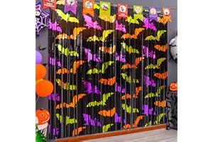 LOLStar Halloween Party Decorations 2 Pack Green Orange Purple Bat Pattern Photo Booth Props 3.3 X 6.6 ft Halloween Foil Fringe Curtains, Backdrop for Halloween Party Decoration