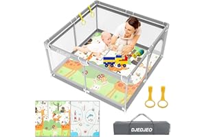 DJEDJEO Parque Infantil Bebe 120x120cm con Alfombra Bebe, Corralito Bebe Plegable con Puerta con Cremallera, Parque Bebes Plegable con 4 Ventosas Inferiores, 2 Anillos para Parque de Bebés