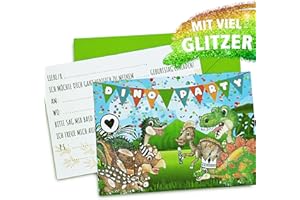 Lisati 12 hochwertige GLITZER Dino Einladungskarten mit grünen Briefumschlägen für Kinder, Jungen und Mädchen zum Geburtstag, Kindergeburtstag, zur Kinderparty