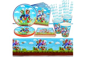 GUBOOM Super Mario Partygeschirr Set, 61Pcs Mario Geburtstag Geschirr Kit, Super Mario Party Deko, Partyzubehör mit Teller, Becher, Tischdecke, Servietten, Trinkhalme