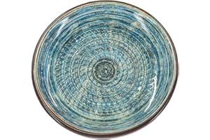 Kaladia Assiette à râper en céramique, pour le gingembre, le parmesan, etc., rayures marron/bleues, diamètre : 12 cm, fabriquée à la main et peinte à la main, fabriquée en Espagne