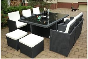 Ragnarök-Möbeldesign PolyRattan Essgruppe - DEUTSCHE Marke - EIGNENE Produktion - 8 Jahre GARANTIE - 6 Stuhl 4 Hocker Garten Möbel Glas Polster schwarz Gartenmöbel Dinning Aluminium Rostfrei