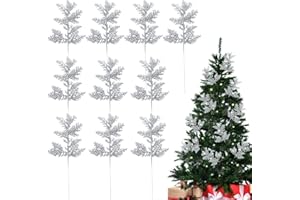 MOTONG 10 PCS Glitter Artificial Christmas Tree Pine Leaves, Christmas Leaves Picks, Artificial Pine Needles Simulated Tree Branch for Xmas Wreath Seasonal Decoration(Silver)