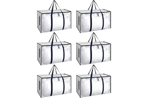 HealSmart 6 Pack Large Moving Bags with Zippers & Handles, Moving Supplies with lids, Heavy Duty Totes for Space Saving, Fold Flat, Moving and Storing, Clear
