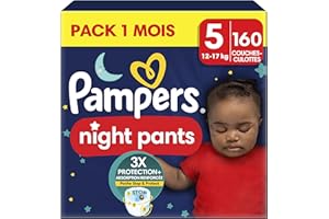 Pampers Night Pants, Taille 5, 160 Couches-Culottes, 12-17kg, Maintien 360° Contre Les Fuites Avec Un Cœur Super Absorbant Pour Une Protection Renforcée Toute La Nuit, Pack 1 Mois