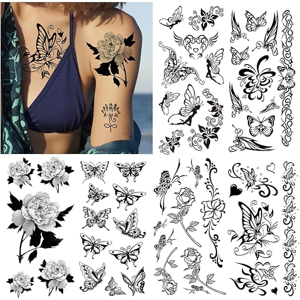 CharmeFleur Temporär Tattoos - 20 Schwarze Blumen Und Schmetterlinge Für Frauen