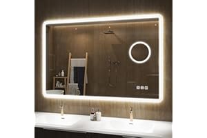 S'bagno Espejo-Baño-con-Luz 100x70cm, Espejo-Baño-Led-Bluetooth con Aumento 5X, Antivaho, 3 Colores, Regulable, Memoria, Vidrio Templado HD, Resistente Al Agua IP44, Vertical/Horizontal