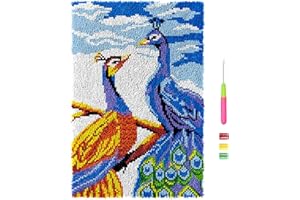 VIONNPPT Blumen Vögel Serie Knüpfteppich Zum Selber Knüpfen DIY Stickkissen Teppich, Unfinished Häkelteppich Set mit Vordruck, Latch Hook Kits für Kinder Erwachsene,60x40cm (Pfau)