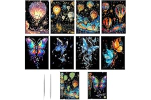 WideSmart 8 Stück Kratzbilder Leuchtend,Kratzbilder Set DIY Bastelsets für Kinder,Kratzmalerei A4 für Kinder & Erwachsene mit Kratzwerkzeuge Kit,Gravur-Kunstset-(Schmetterling und Heißluftballons)
