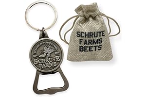 THE LASER FACTORY Porte-clés décapsuleur Schrute Farms en métal avec sac cadeau imprimé Schrute Farms | Cadeau de l'émission télévisée du bureau américain | Dwight Schrute | Marchandise non officielle