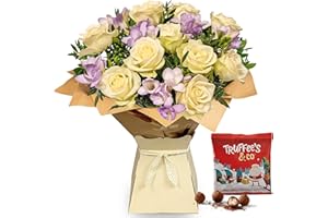 ALL OCCASIONS Rose & Freesia Flower Bouquet of Fresh Real Flowers Bouquet - White Roses, Lilac Freesia and Lush Foliage - Perfect for any Birthday, Anniversary, or say Thanks