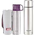 Milton Glassy Flask 1000ml Vaccum Flasks - Purple + Milton Thermosteel Plain Lid 1000 Flask , 1 Litre, Silver