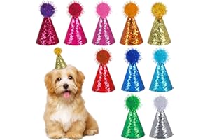 BOHUIZ 10 Pcs Mini Party Hats for Small Dogs & Stuffed Animals, Glitter & Adjustable Dog Hats for Puppy & Kitten Birthdays & Holidays