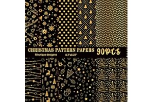 MIAHART Lot de 90 feuilles de papier à motifs Joyeux Noël 10 motifs Format A5 Papier décoratif pour la fabrication de cartes Scrapbooking (Noir et or, A5-90)