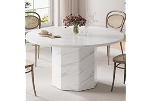 HSH Runder Esstisch Weiß Küchentisch für 4 bis 6 Personen Esszimmertisch Holz mit Marmor Optik Modern Design Tisch mit Achteckiger Basis für Esszimmer Weiß 120 cm