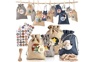 Alintor Adventskalender zum Befüllen Groß, 24 Adventskalender zum Befüllen Stoff mit Holzetikett, Weihnachtskalender Zum Befüllen, Jutesäckchen adventskalender säckchen