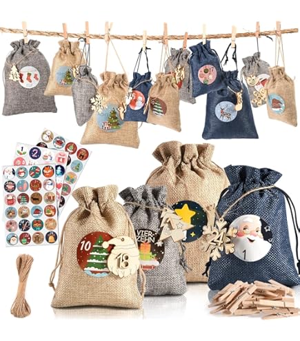 DIY Adventskalender Aus Jute - 24 Beutel Zum Selbstbefüllen Mit Holz-Anhängern