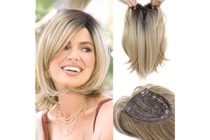 MORICHY 6.5X6.5'' Large Base Hair Toppers for Women Ombre Blonde Hair Topper with Fringe for Thinning Hair Synthetic Wiglets Ladies Hair Pieces for Women (Mix Blonde with Dark Root)