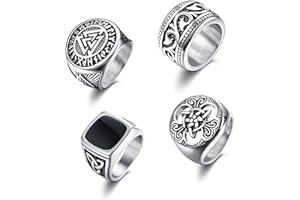 KALVICA 4 Pezzi Uomo Anelli in Acciaio Inossidabile Celtico Grandi Anelli Vintage Set Anelli Uomo Neri Misura dell'anello 14-30(US 7-13)