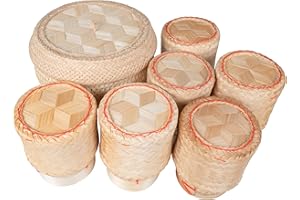 CCcollections Cesta de arroz pegajosa de bambú tradicional hecha a mano - Cesta para servir arroz (Set Steamer-6 Round)