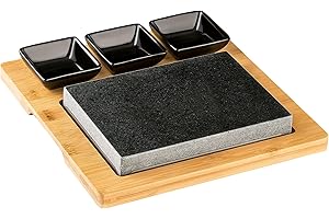 MORLEOS Hot Stone Steak Heiße Steinplatte Heißer Stein Grill Lavastein Steinplatte Lavastone Bambus Holzbrett Beilageschälchen 3 Dipschalen Saucen-Schälchen