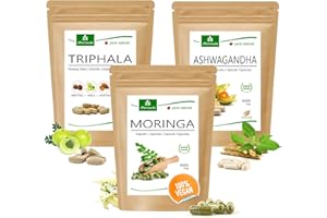 Confezione di prodotti per il benessere MoriVeda® | Compresse di Triphala, Capsule di Moringa, Capsule di Ashwagandha | Vitamine, Minerali, Antiossidanti, Withanolidi, Sostanze fitochimiche | Vegan