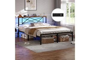 DICTAC Lit Double 140x190 en Métal, Lits avec tête LED et 2Ports USB et Prise de Courant, Cadre de lit sommier 140x190 en métal avec Étagères de Rangement, 32cm Espace de Rangement,Marron Vintage