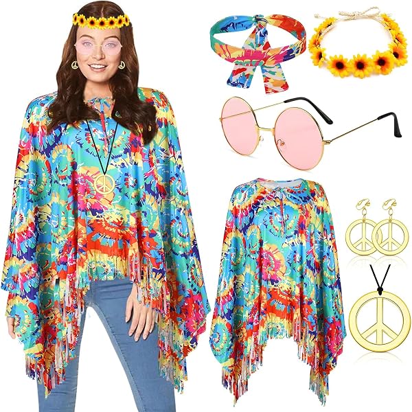 Set d'Accessoires Hippie Homme & Femme (4 Pièces) - Déguisement Années 60/70 Style Woodstock - Inclus Perruque Longue Marron, Collier Peace, Lunettes Roses & Bandeau - Idéal Carnaval & Soirée Disco