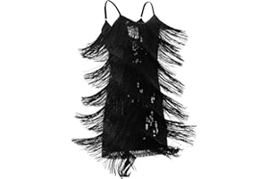 FYMNSI Latin Dance Dress for Girls Ballroom Dancing Outfit V-Neck Sparkly Sequin Tassel Fringed Dresses Dancewear