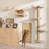 FUKUMARU Climbing Wall Set for Cats, 4 in 1 Sturdy Multi-Layer Wooden Wall Furniture with Hammock, Shelves, Scratching Post a