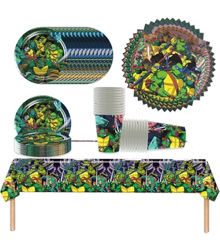 Kit Feste Compleanno Tartarughe Ninja - 61 Pezzi Con Tovaglia, Piatti, Tazze E Decorazioni