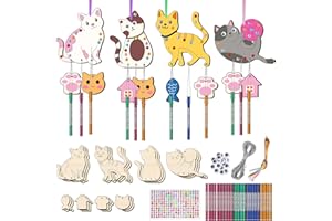 Nourdom Windspiel Bastelset Kinder, 12 Stück Holz Katzen Kreatives Klangspiel Bastelhandwerk Töne Basteln Holzspielzeug zum Bemalen für Mädchen Jungen Geburtstag Geschenk