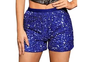 RLEHJN Sequin Shorts for Women UK Clearance Sexy Sparkly Straight Leg Summer Shorts Solid Color Night Out Glitter Hot Party Pants High Waist Elastic Band Short Pants with Pockets Size 8-16