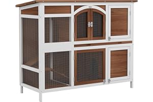 PawHut Rabbit Hutch Outdoor Guinea Pig Hutch 2 Tier Wooden Cage w/Ramp, Divider, Openable Roof, 125 x 48 x 100cm - Brown