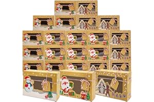 AVISKI 24 scatole per biscotti natalizi con finestra in PVC, scatole regalo in carta kraft per torte, scatole per cioccolatini, scatole per torte fai da te con etichette, 3 stili, 22 x 15 x 7 cm