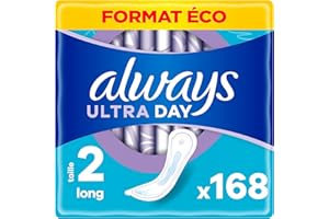 Always Ultra Serviettes Hygiéniques, Taille 2, Long, 168 Serviettes Sans Ailettes, Flux Modérés Jour, Format Eco, Max Confort, Super Absorbantes et Ultra Fines
